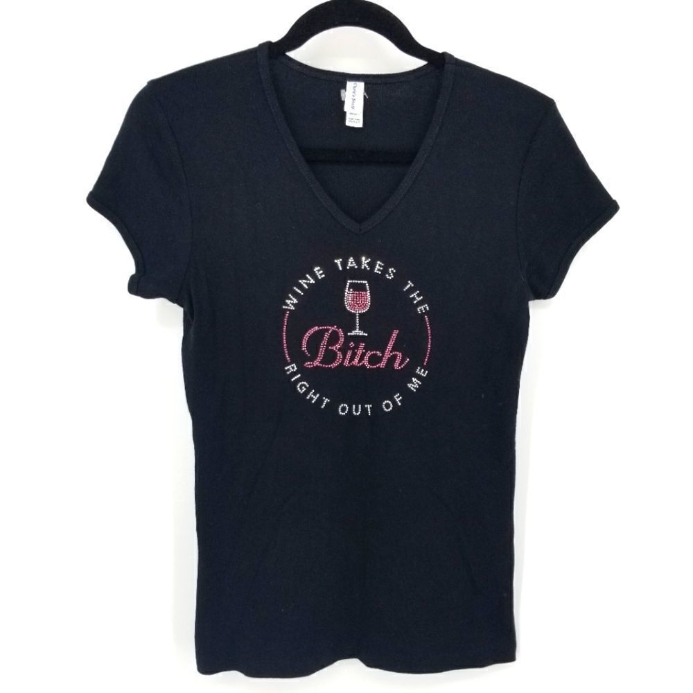 Chris's Stuff Black V-Neck Cap Sleeve  Rhinstone Graphic Design T-shirt Medium
